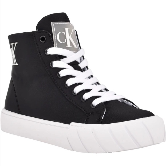 Calvin Klein Black and White Logo High Top Fashion Sneakers - Picture 4 of 5